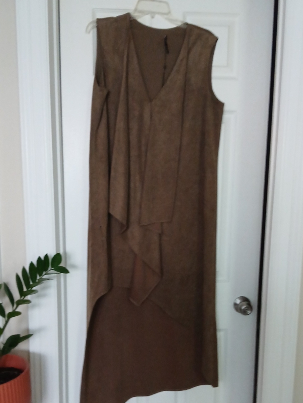 Women’s Faux Suede Brown Sleeveless Draped V-Neck Dress